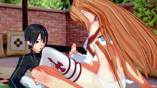 Kirito bat lortzen blowjob Asuna, ondoren, fucks bere gogor ohe gainean.